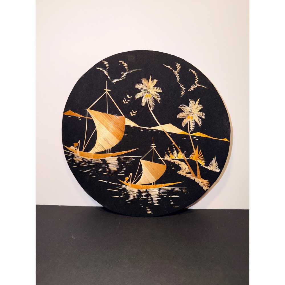 Vintage Tropical Bamboo Art work Handmade Round Wall Sailboats Palm Trees